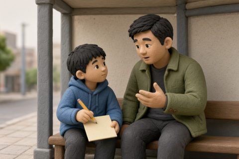 公交站候车亭里，短发男孩拿铅笔和便签听爸爸念数字串