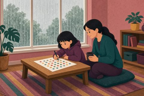 雨天窗边，女孩对着彩色圆点卡思考，妈妈在旁陪伴