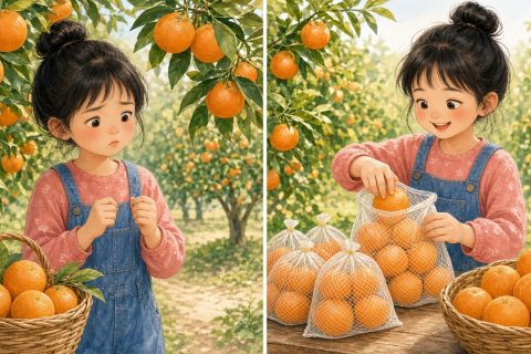 橘子采摘园里，数完十个的女孩举着小拳头发愣，后来把橘子十个一袋装好