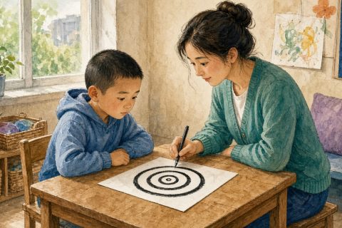课后托管室靠窗小桌，黑发寸头二年级男孩盯白卡纸上粗黑螺旋线，短发青绿开衫女老师笔尖点着螺旋