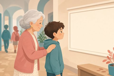 兴趣班走廊祖孙：奶奶轻拍男孩肩头示意聆听