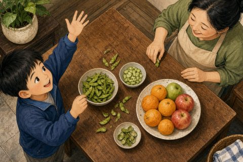 俯拍厨房矮桌，男孩剥着毛豆抢着举手答题，妈妈系着围裙笑着等他，盘里放着橘子和苹果