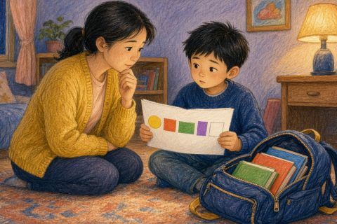 夜里在卧室整理书包，妈妈跪在地毯上，二年级男孩举起一张练习纸，上面一排彩色图块中间空着一格