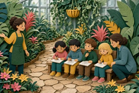 植物园温室里讲解员请孩子们画叶子轮廓