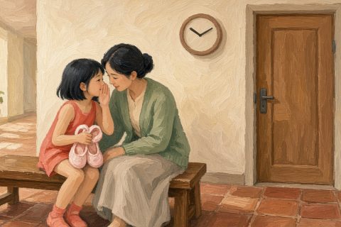 舞蹈教室门外长椅，短发中国女孩抱练功鞋向妈妈咬耳朵，教室门紧闭，墙上挂钟
