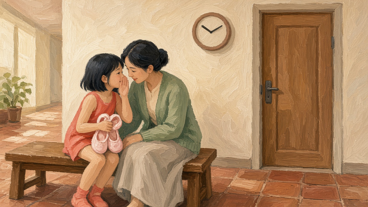 舞蹈教室门外长椅,短发中国女孩抱练功鞋向妈妈咬耳朵,教室门紧闭,墙上挂钟