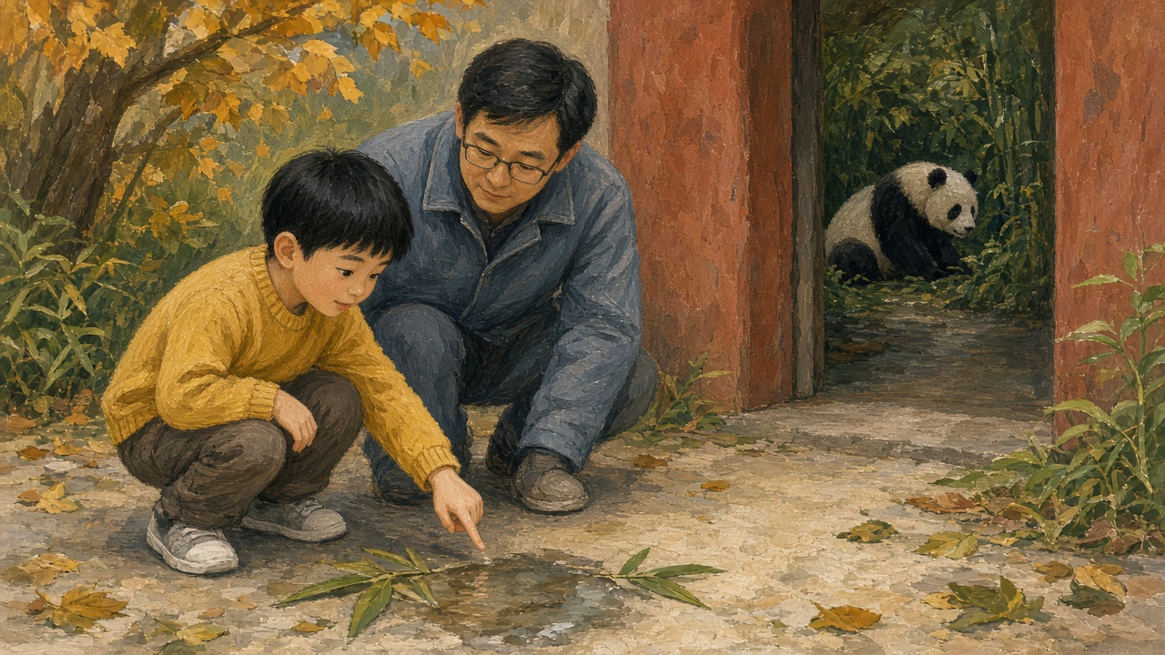 动物园熊猫馆门口,男孩蹲看地面水渍与竹叶,爸爸在旁倾听
