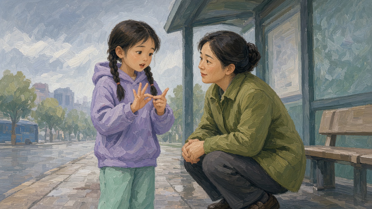 公交站牌下,女孩扳手指数前提,妈妈蹲着听她说