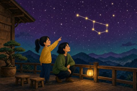 山间民宿的夜晚露台上，女孩指着天上七颗星连成的勺子，小姨蹲在一旁一起仰头看