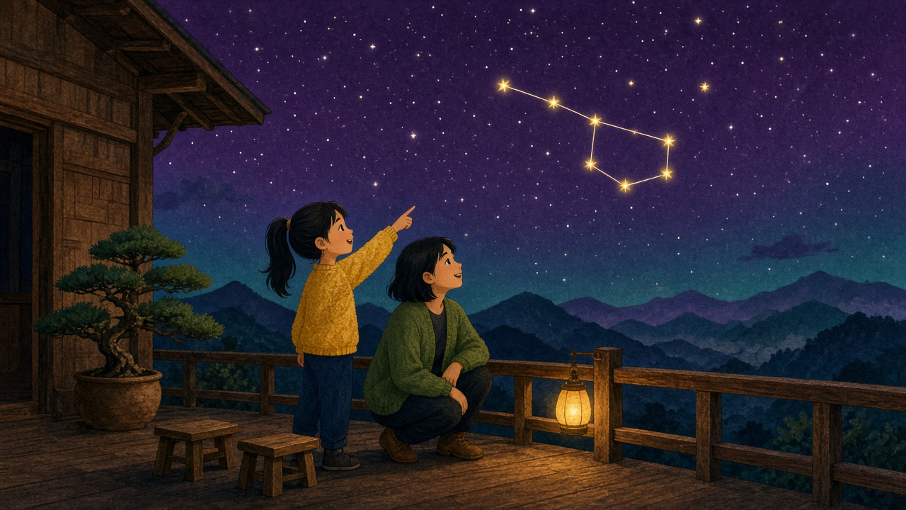 山间民宿的夜晚露台上，女孩指着天上七颗星连成的勺子，小姨蹲在一旁一起仰头看