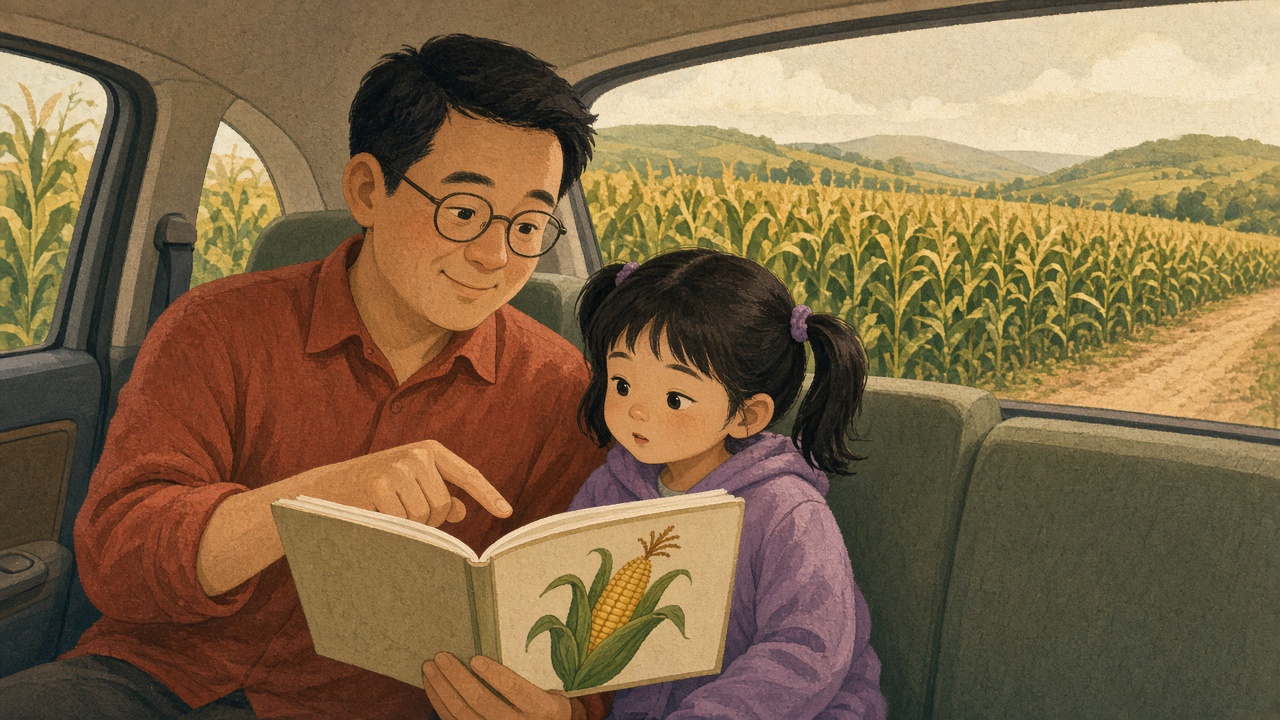 去郊外的车上，爸爸指着图画书里的玉米植株给扎双辫的女儿看，窗外是一片玉米地