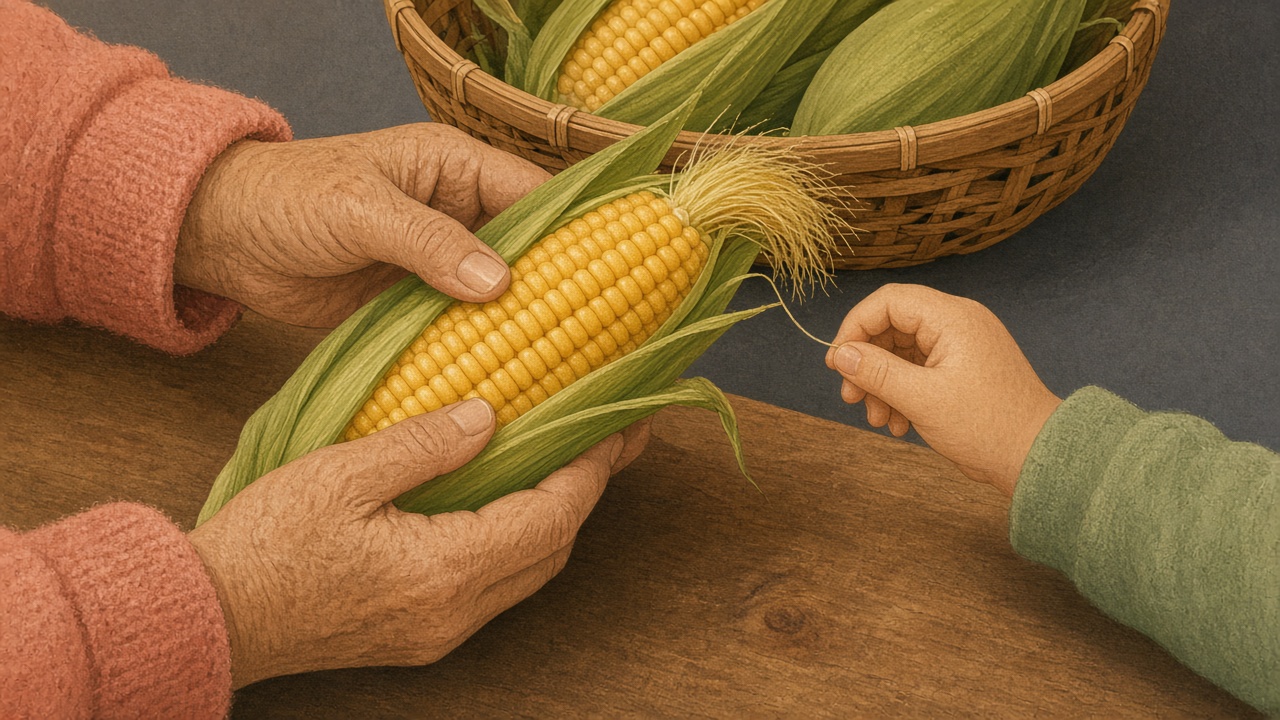 奶奶的双手剥开玉米苞叶露出一行行玉米粒，孩子的小手捏起一根玉米须
