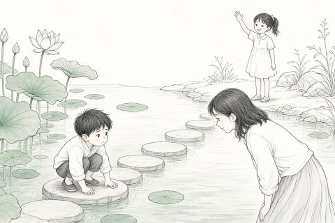 植物园荷花池的踏石上，五岁男孩蹲在头一块石头上用手按住，姐姐在对岸招手，妈妈俯身陪着