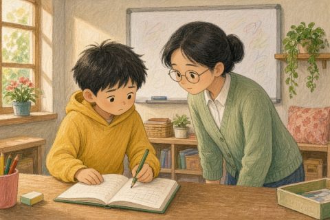 社区活动室白板前，二年级寸头男孩照着抄写，圆眼镜女老师弯腰看本子