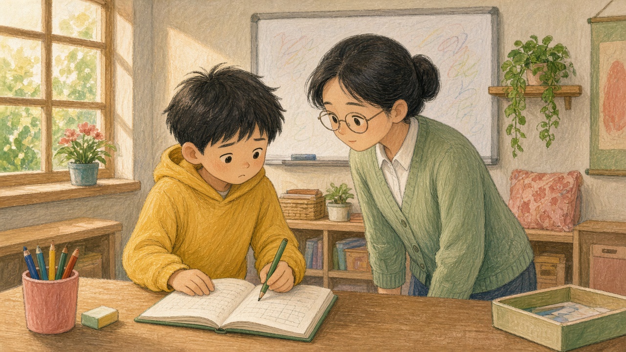 社区活动室白板前,二年级寸头男孩照着抄写,圆眼镜女老师弯腰看本子