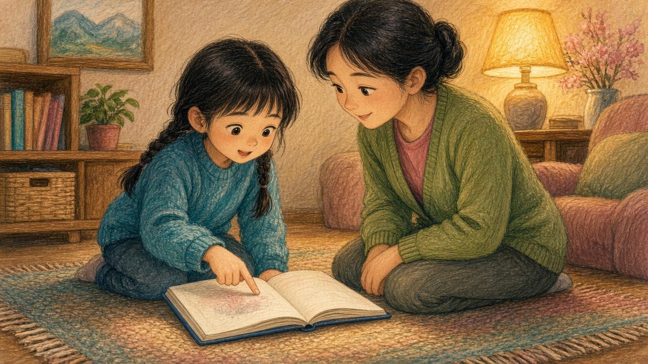 客厅编织地垫上,青绿毛衣双辫女孩指本子标注,橄榄开衫妈妈蹲着听她说