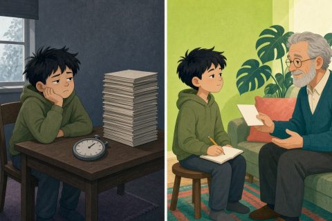 左边孩子对着一摞练习册发呆，右边孩子坐在爷爷对面专心听词