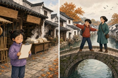 古镇老街上，七岁女孩闭眼念铺子名字，十岁男孩站在石拱桥上把两岸铺子分成两组