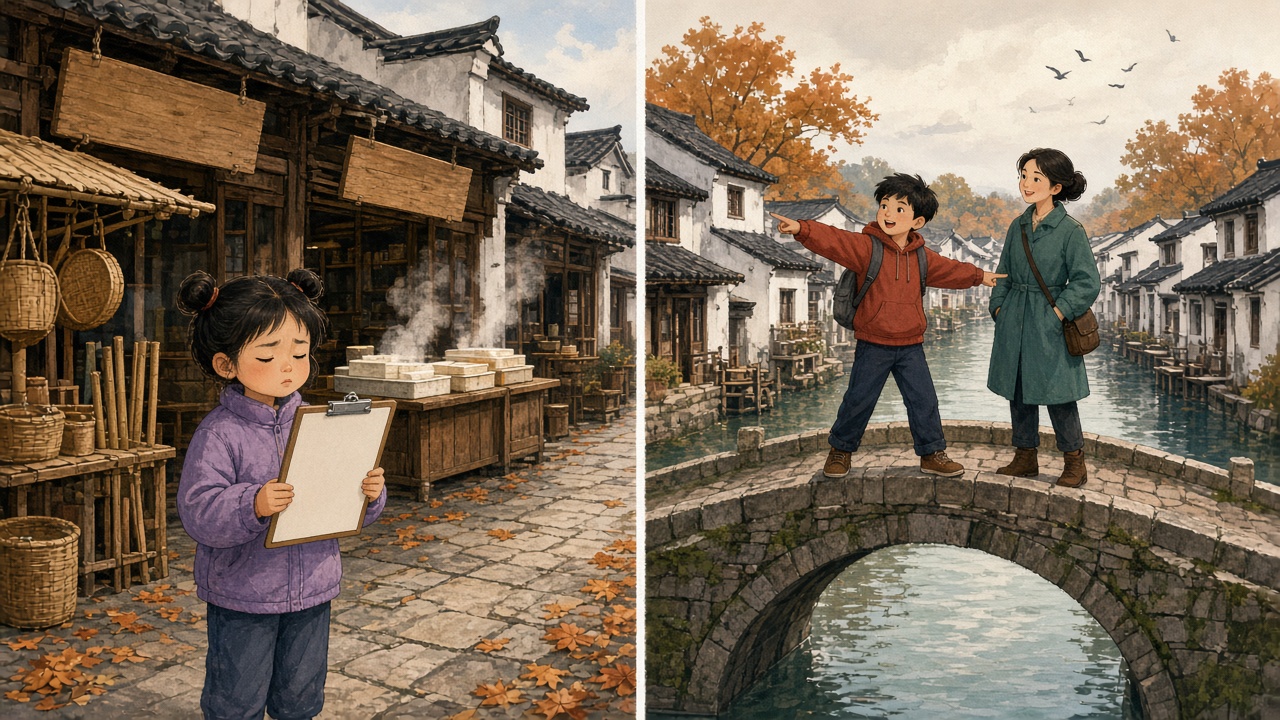 古镇老街上，七岁女孩闭眼念铺子名字，十岁男孩站在石拱桥上把两岸铺子分成两组
