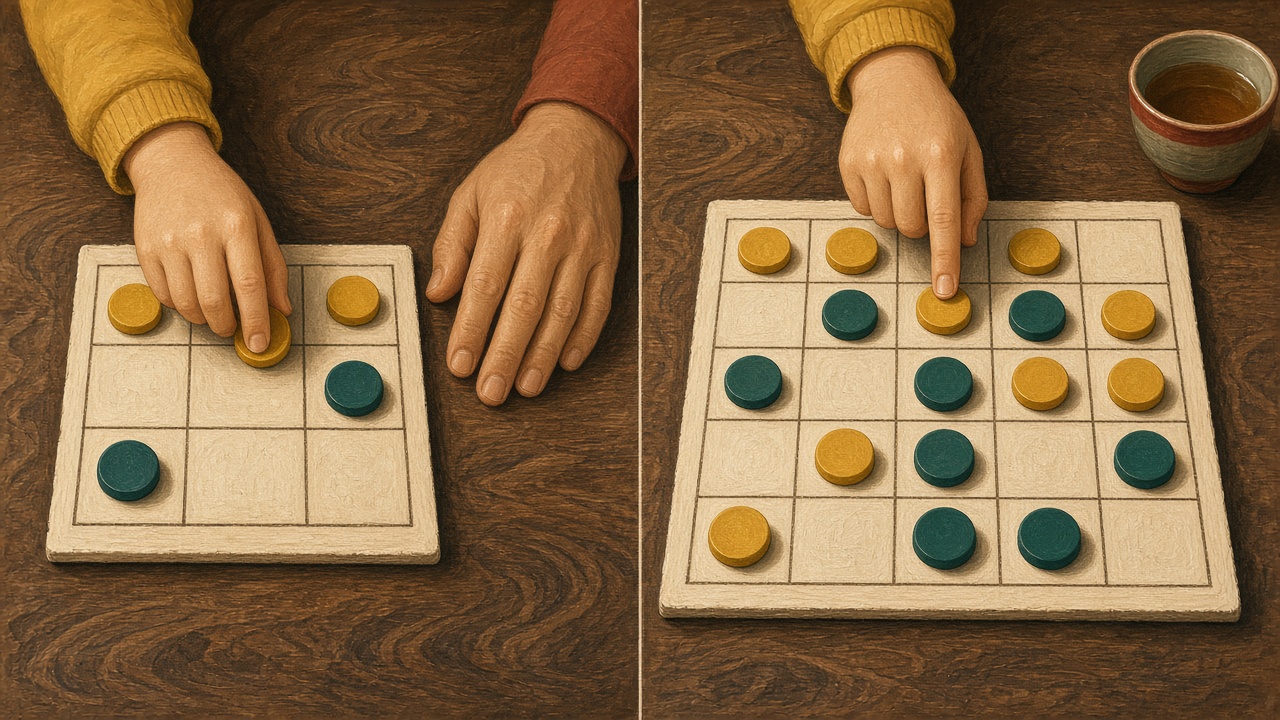 孩子先在小棋盘上占中间，换到大棋盘时又用上了同一个办法