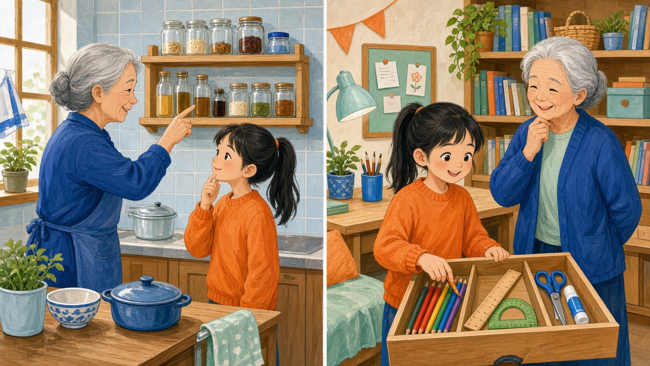 外婆指着分组摆放的调料架，女孩回到书桌把抽屉文具也分成三格