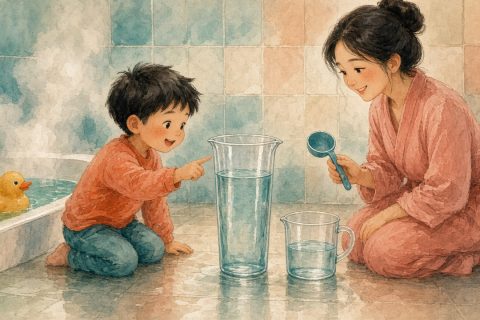 浴室边，男孩指着细高量杯里爬高的水面，矮胖漱口杯就在旁边，妈妈拿着量瓢蹲在一旁微笑