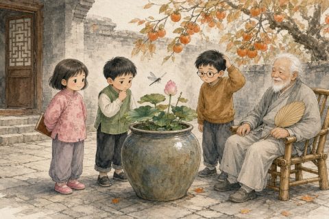 外公家小院里，三个孩子围着种碗莲的水缸背古诗