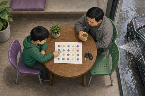 洗车店休息区的小圆桌旁，男孩用手指在图形方格上找下一个，爸爸端着茶在对面看