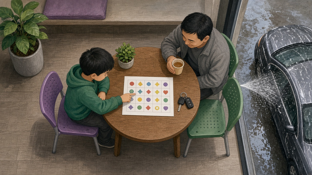 洗车店休息区的小圆桌旁,男孩用手指在图形方格上找下一个,爸爸端着茶在对面看