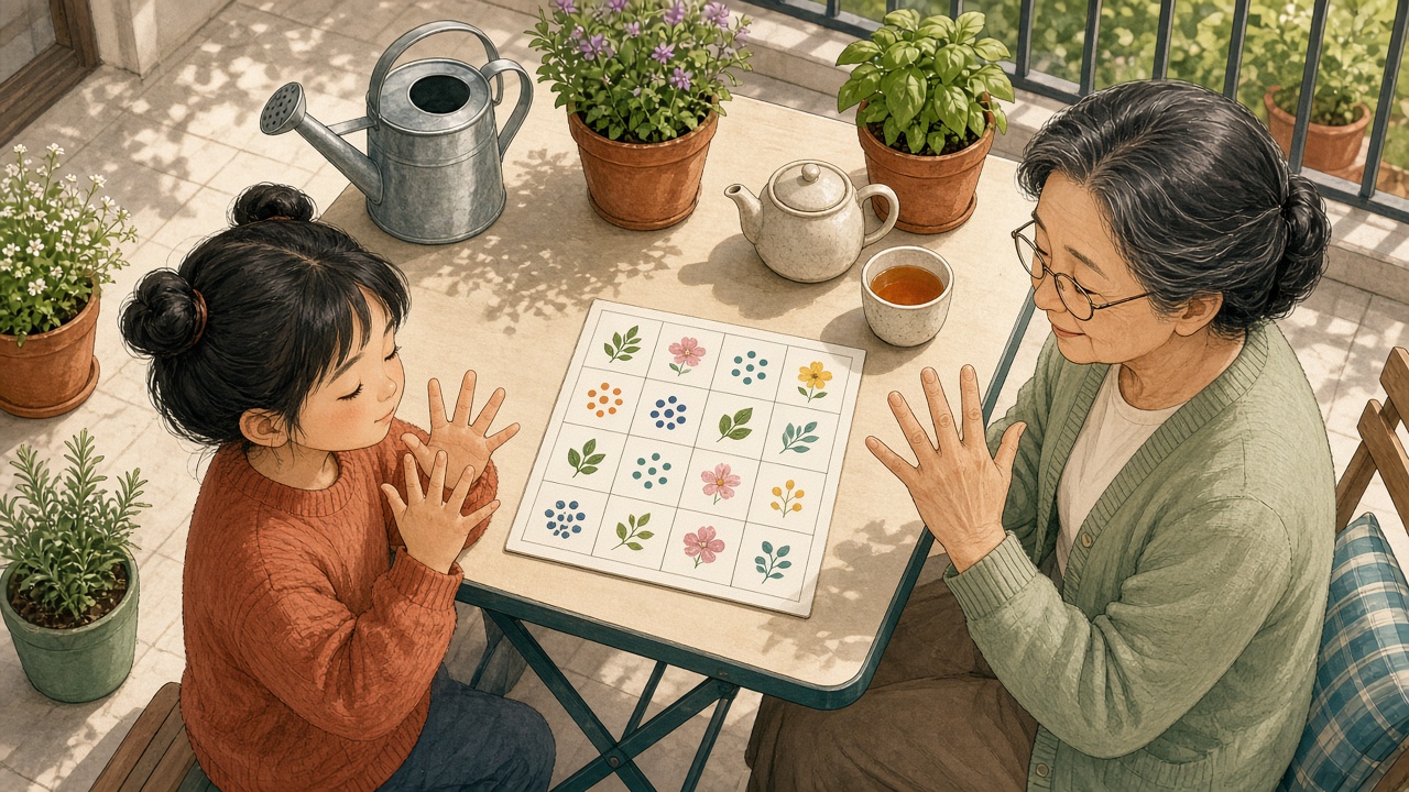 阳台折叠桌边,女孩闭着眼先在心里倒着数,奶奶张开手指陪她一起数