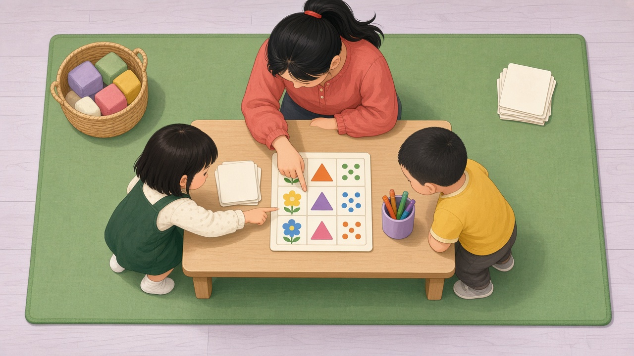 训练室矮桌边,老师和两个小朋友用画着小花和三角的九宫格玩「找小花」