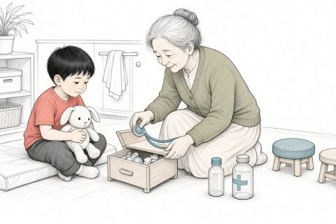 会所玩具角小诊所，男孩给布兔子听诊外婆收听诊器