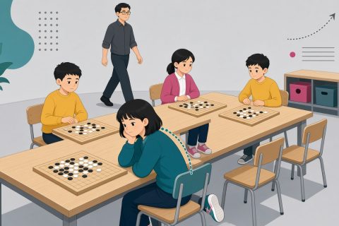 围棋课上托腮趴桌、脚勾椅子腿的女孩