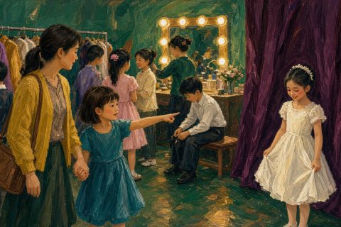 钢琴汇报演出后台，女孩拉着妈妈指向远处，穿白裙的女孩嘴角在笑、眼圈却有点红