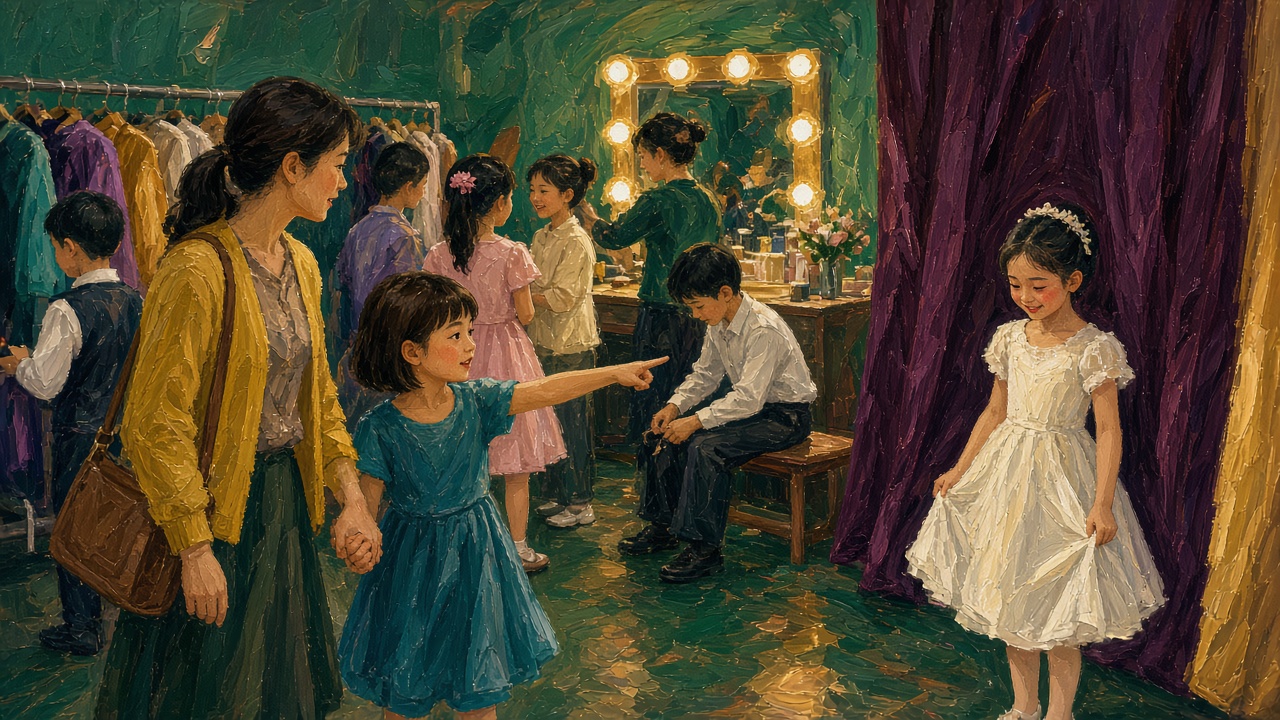钢琴汇报演出后台，女孩拉着妈妈指向远处，穿白裙的女孩嘴角在笑、眼圈却有点红