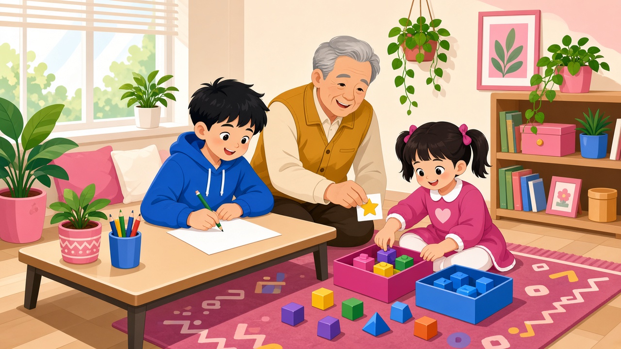 哥哥在矮桌前写作业,妹妹把积木按颜色装进两个盒子,爷爷给两人各贴一颗星