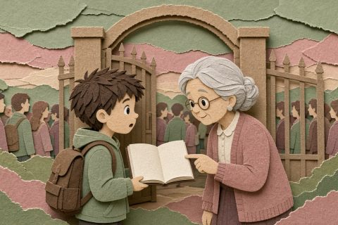 校门口男孩举生字本给奶奶看却合上后卡壳