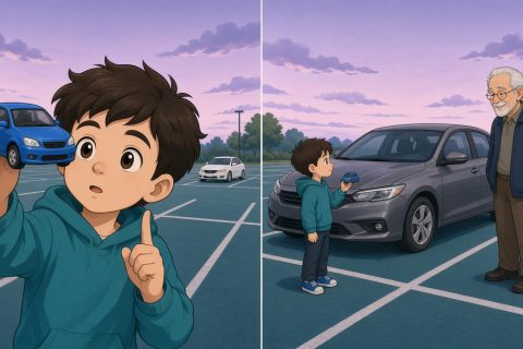 停车场分屏：近处男孩举玩具车，远处真车显得更小