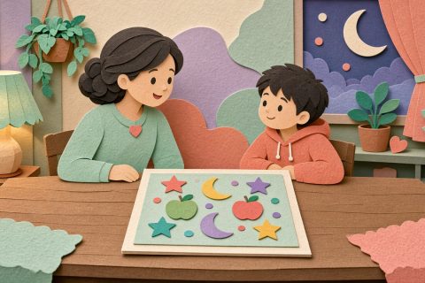 晚饭后亲子在餐桌摊开图标划消纸准备练习