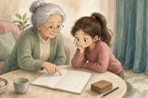 兴趣班回来茶几：奶奶与女孩对卷子指空题