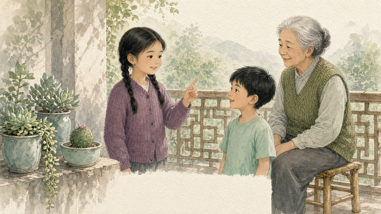 中景阳台多肉旁姐弟轮流出题