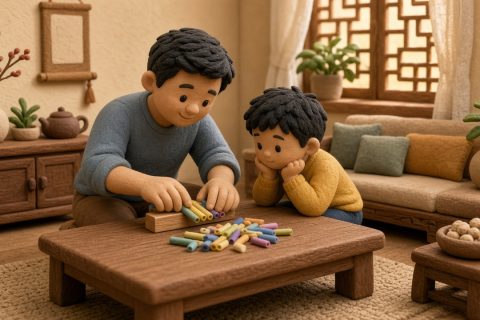 爸爸把剪好的吸管在桌沿上磕齐，孩子在一旁看
