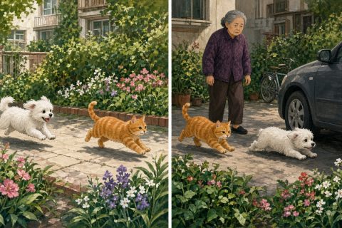 小区花坛边分屏对照：左边是男孩想象中小白狗追橘猫，右边是真实的橘猫追着小白狗跑向车底，外婆站在一旁