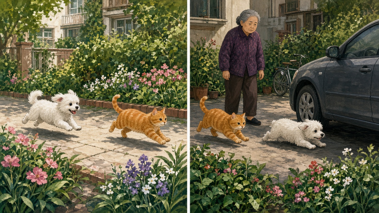 小区花坛边分屏对照：左边是男孩想象中小白狗追橘猫，右边是真实的橘猫追着小白狗跑向车底，外婆站在一旁