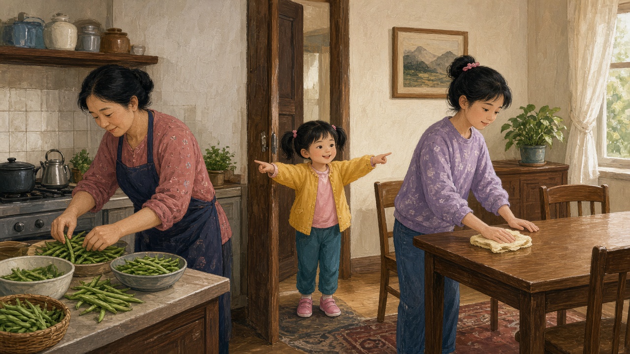 门框两侧，妈妈在厨房择豆角、姐姐在擦餐桌，扎小辫的女孩站在门口两手分别指向她们