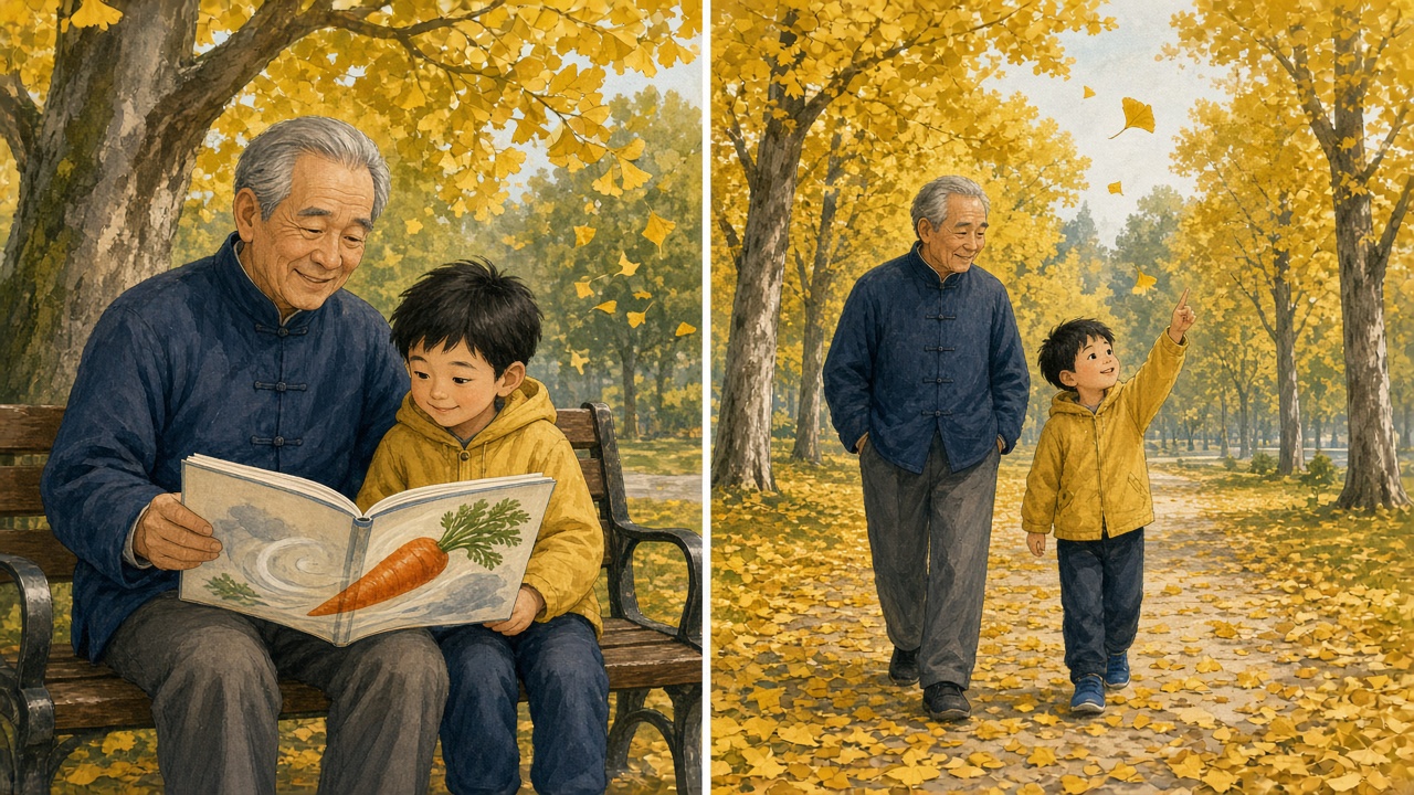 银杏公园分屏：左边爷爷和男孩在长椅上看绘本里胡萝卜被风吹走，右边两人走在落叶中男孩指着飘下的叶子