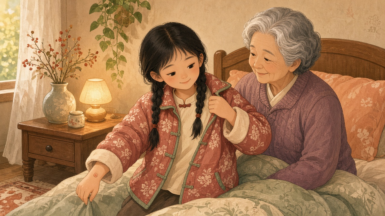 卧室床边，双辫女孩手腕贴圆点贴纸，伸进外套同侧袖子，灰发外婆在旁点头