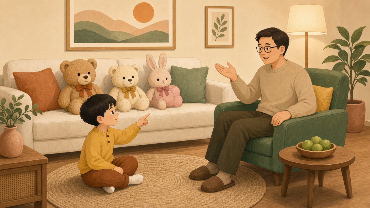 沙发上三个毛绒玩具并排，波波头男孩手指中间小熊，眼镜爸爸坐对面比划另一侧