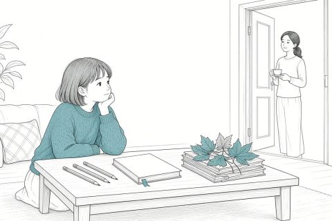 周日下午，女孩对着压好的秋叶和空白标本册托腮发呆，桌上摆着削好的铅笔，妈妈端着茶杯在门口看着