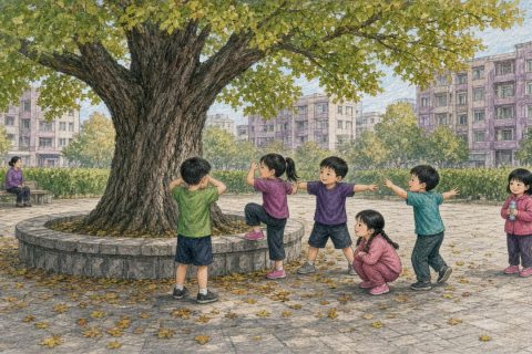 小区广场大树下几个孩子玩木头人，一个抱水壶的女孩站在一旁看